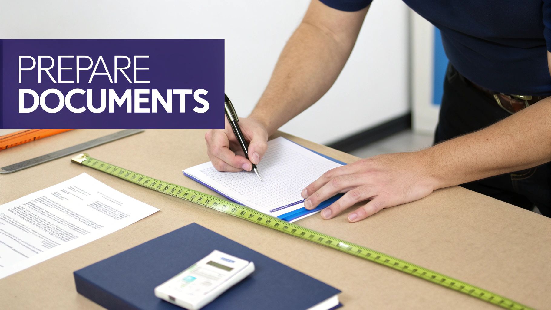 Person writing on documents at desk with ruler and calculator preparing furniture quotes