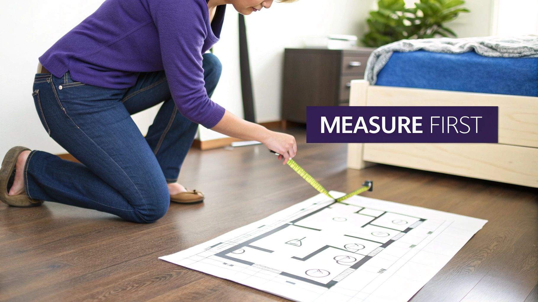 Woman kneeling and measuring a floor plan blueprint with a tape measure on a wooden floor.