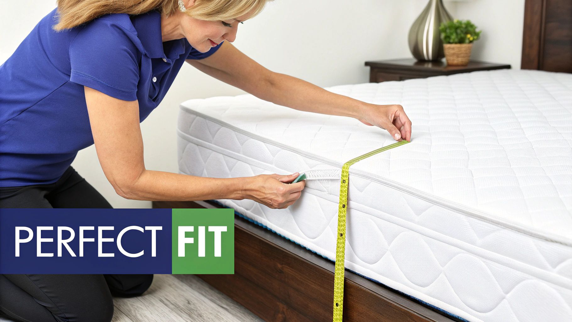A woman measures the depth of a white mattress with a yellow tape measure for a perfect fit.