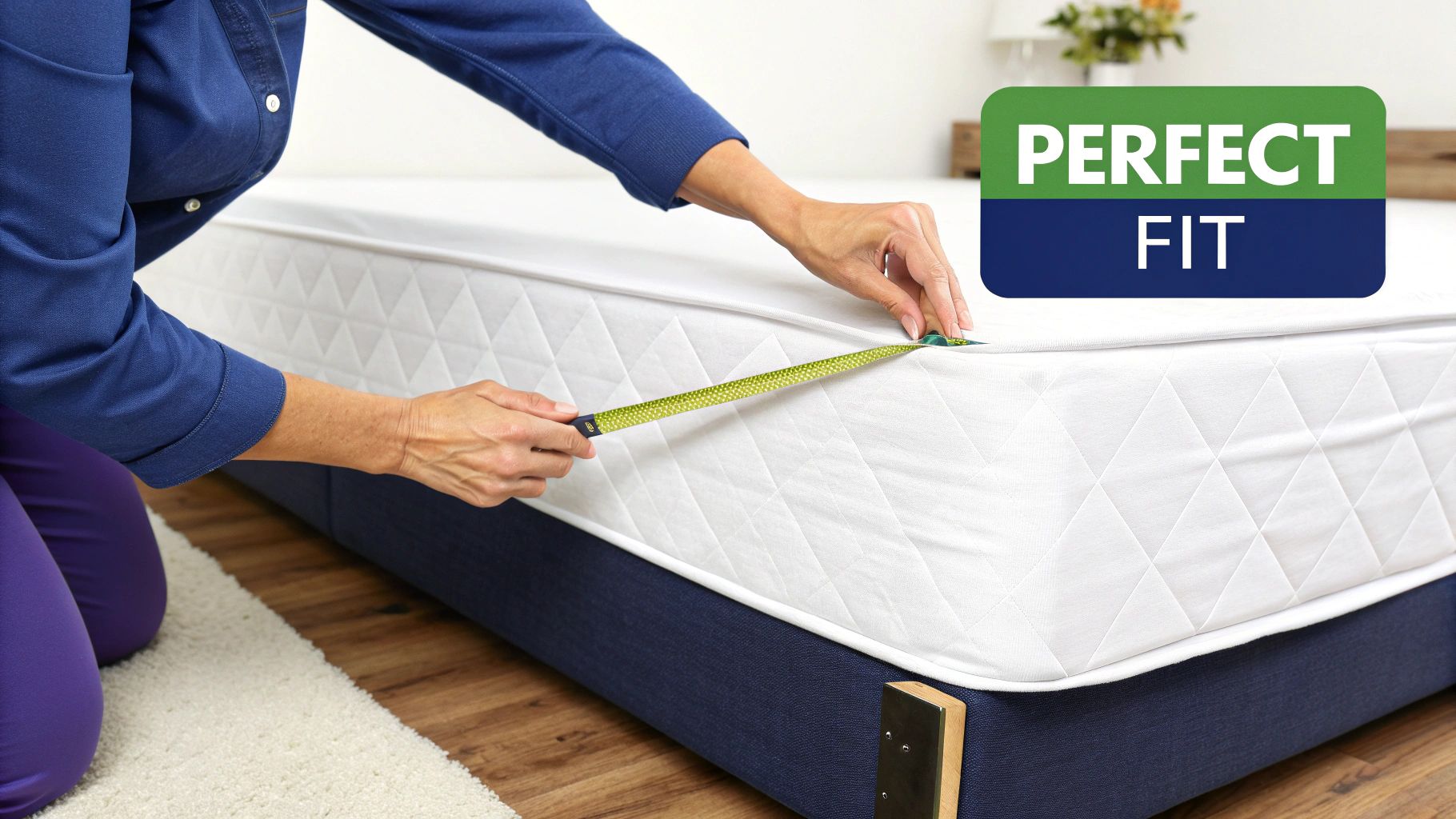 Person measuring a white quilted mattress with a tape measure to ensure a perfect fit for a mattress protector.