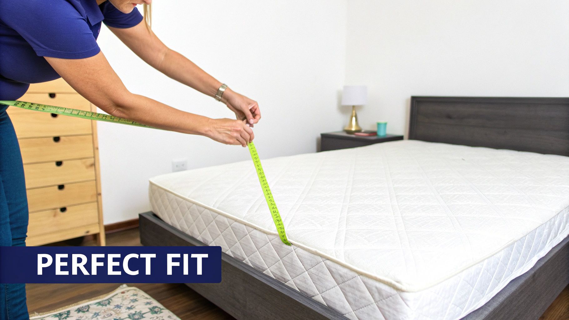 A person measuring the depth of a thick mattress with a tape measure.