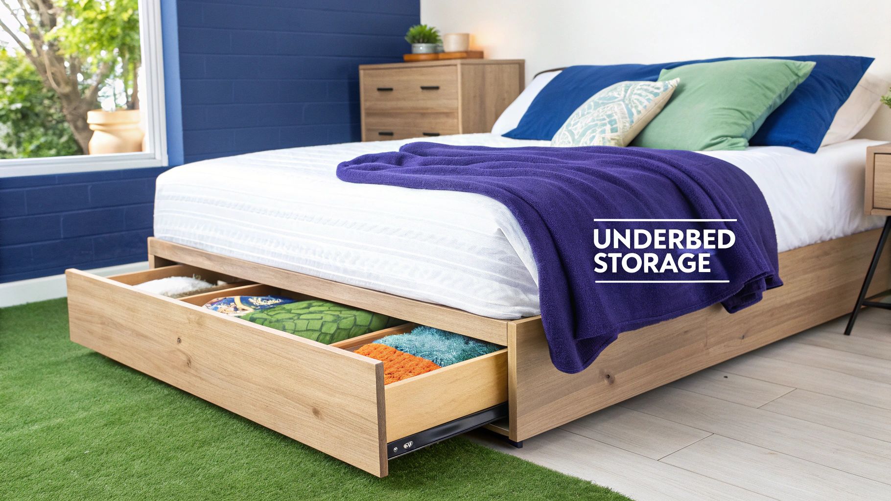 A light wood bed frame with multiple underbed storage drawers pulled open, revealing colorful textiles inside.