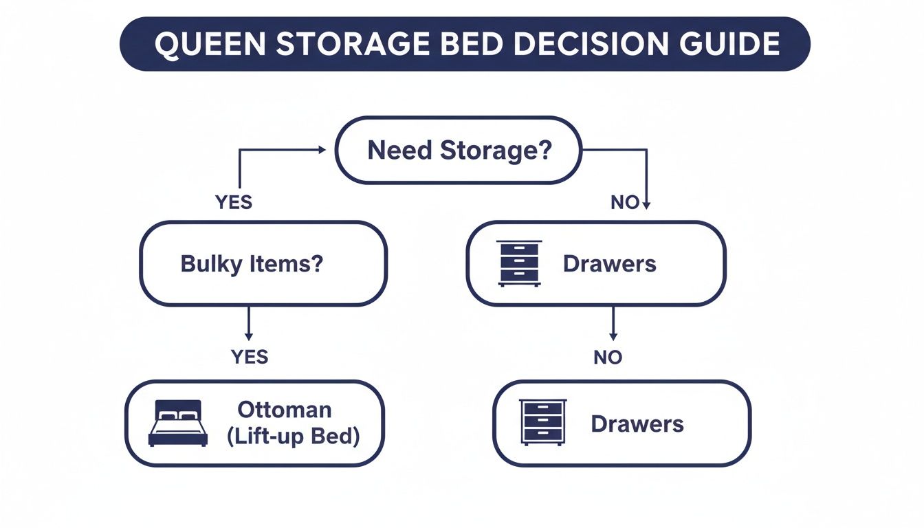 Decision guide flowchart for queen storage beds, advising between ottoman lift-up beds and drawers based on storage needs.