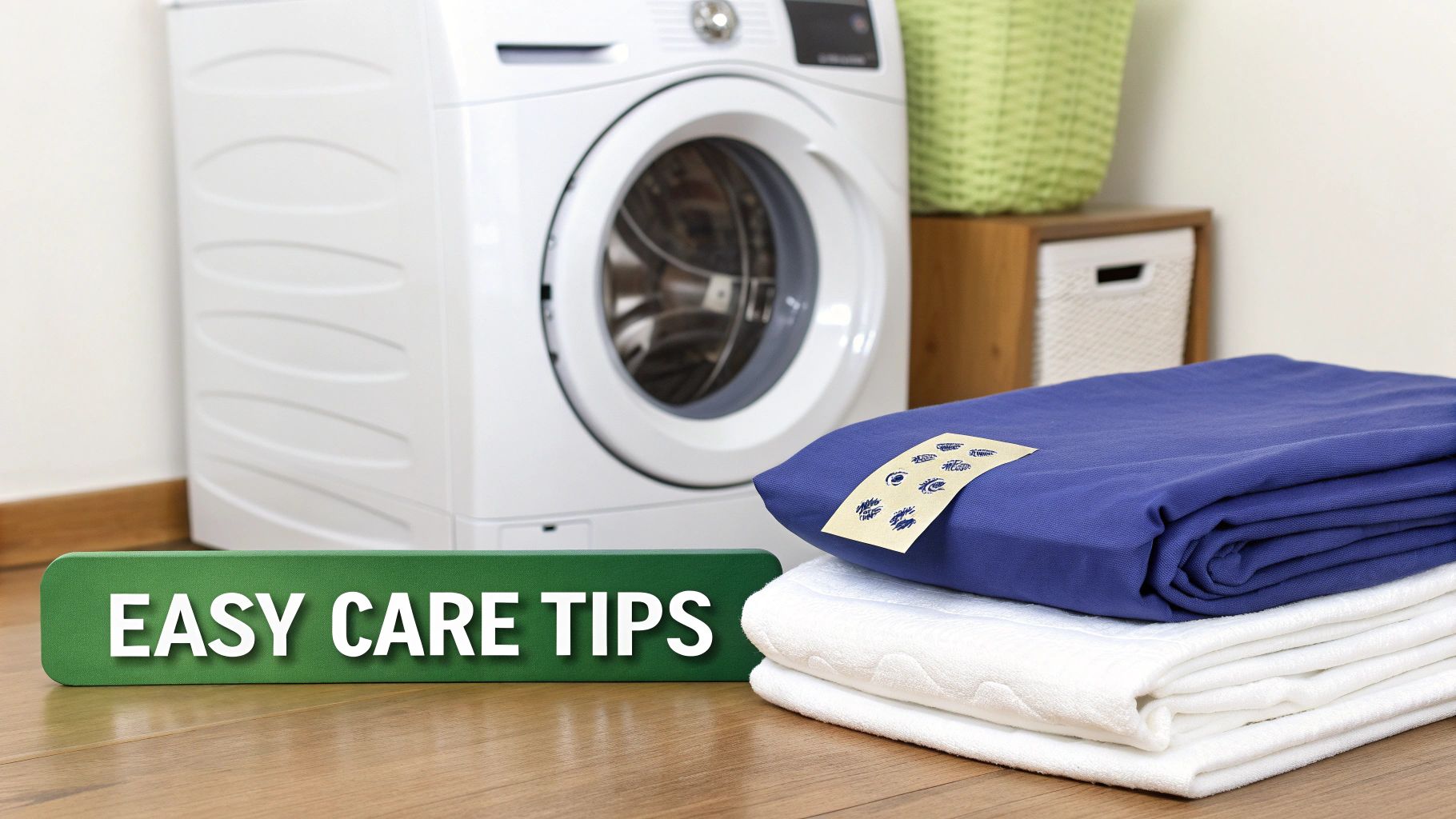 A laundry scene with a washing machine, stacked folded laundry including a blue fabric and white towel, and an 'EASY CARE TIPS' sign.