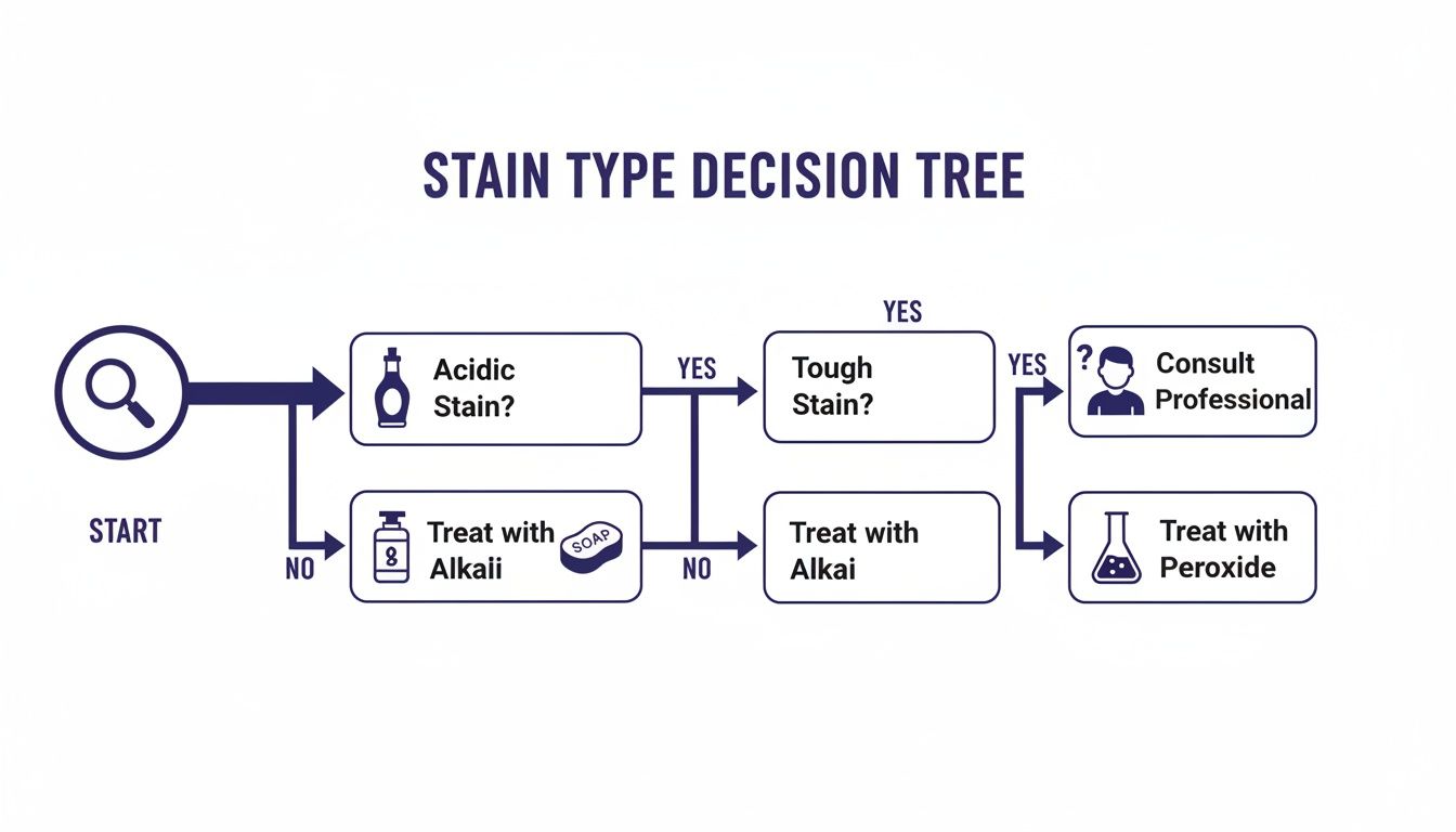 A stain type decision tree flowchart illustrating steps to treat various stains, from acidic to tough.