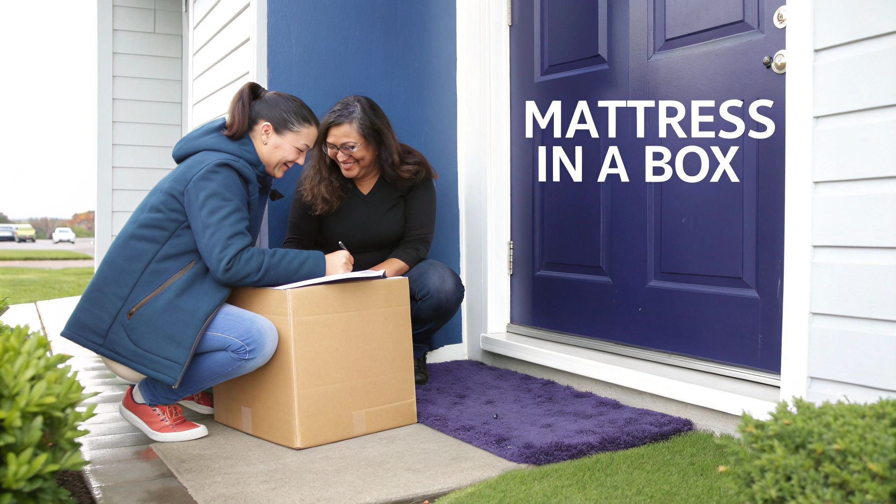 Two smiling women accepting a 'Mattress in a Box' delivery at their home entrance.