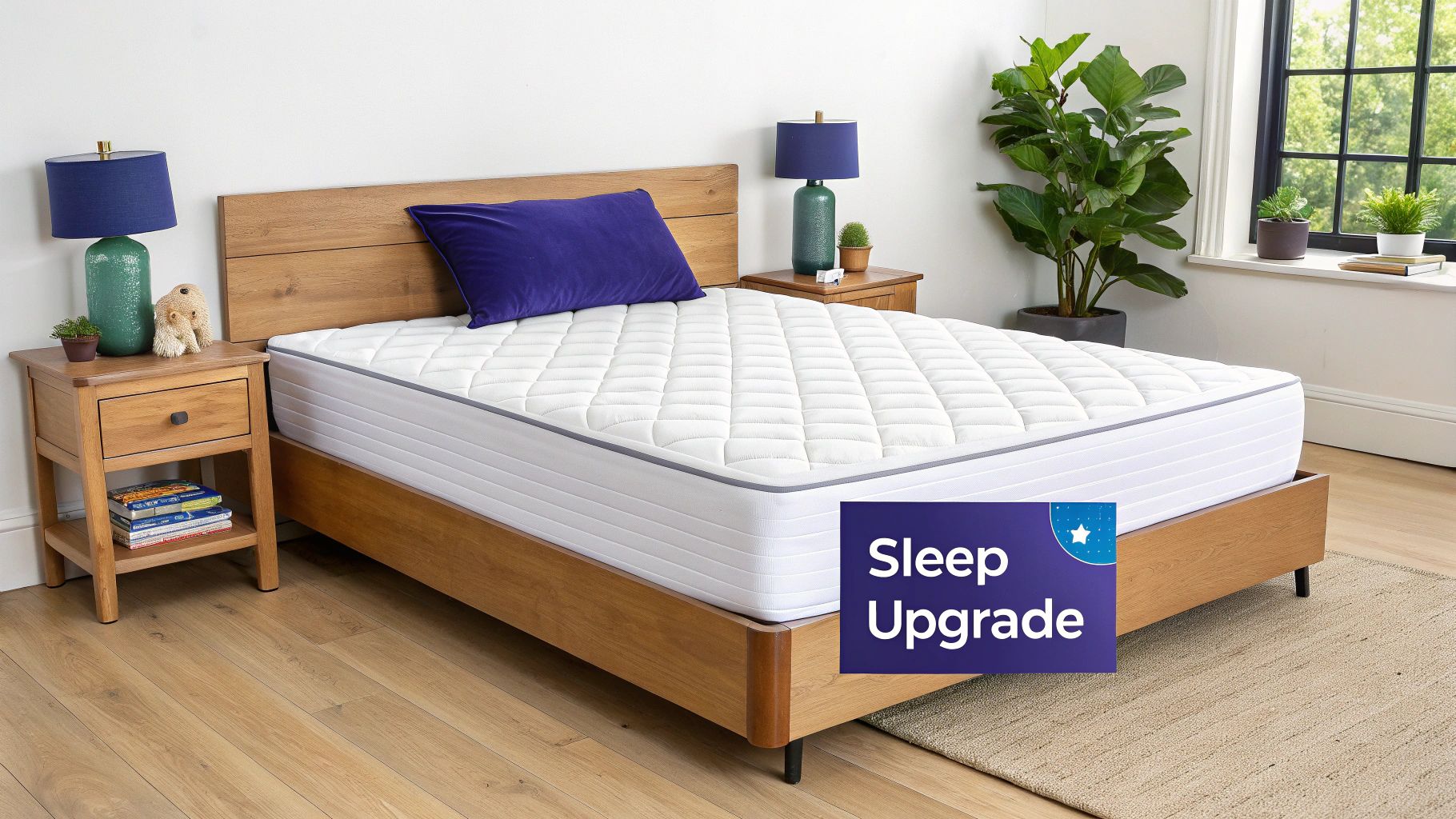 A cozy bedroom with a wooden bed frame, white quilted mattress, and blue pillow.