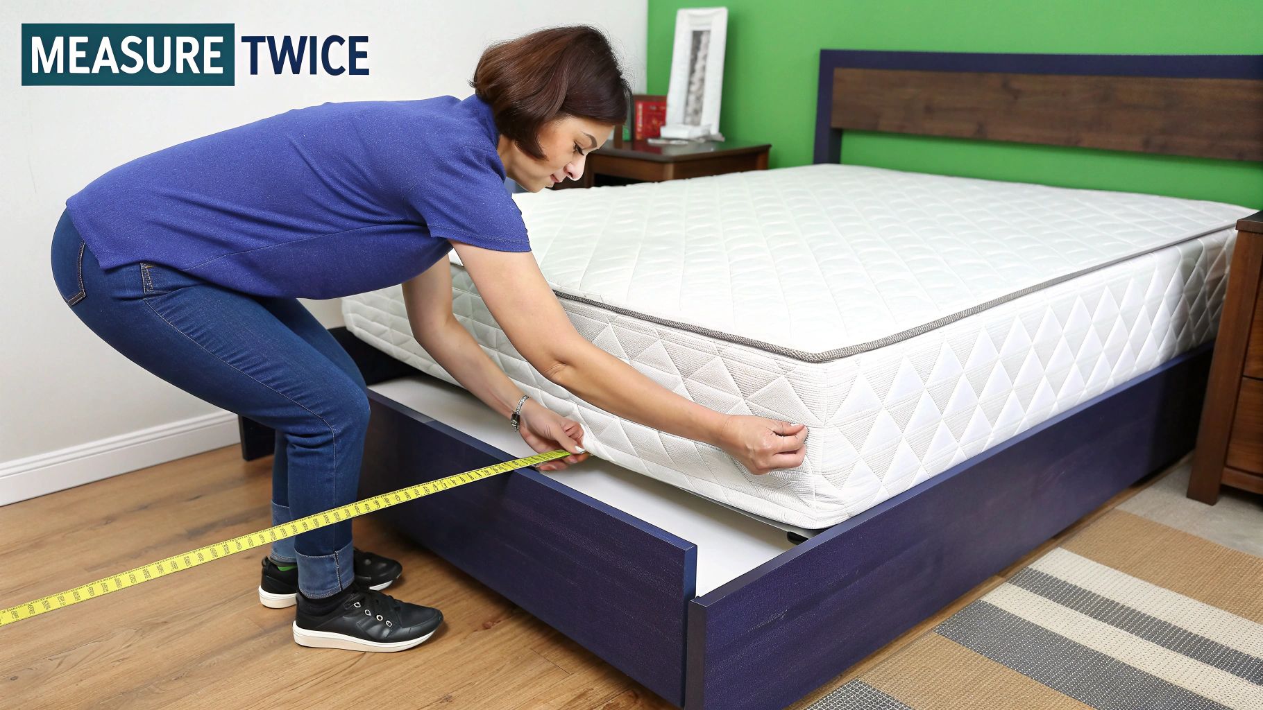 A woman uses a yellow tape measure to check the dimensions of a white mattress on a blue bed frame.
