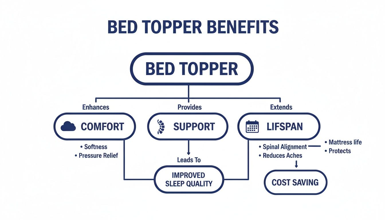 A diagram outlining bed topper benefits, including enhanced comfort, support for improved sleep, and extended lifespan with cost savings.