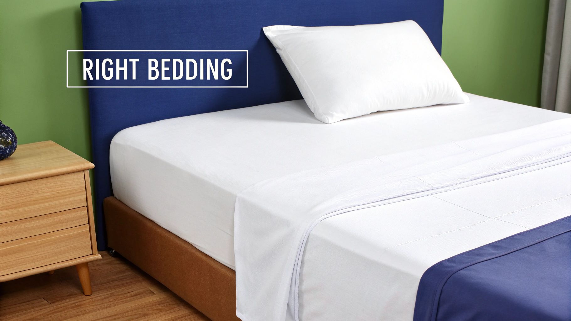 A freshly made bed with crisp white bedding, a blue headboard, and a wooden nightstand.
