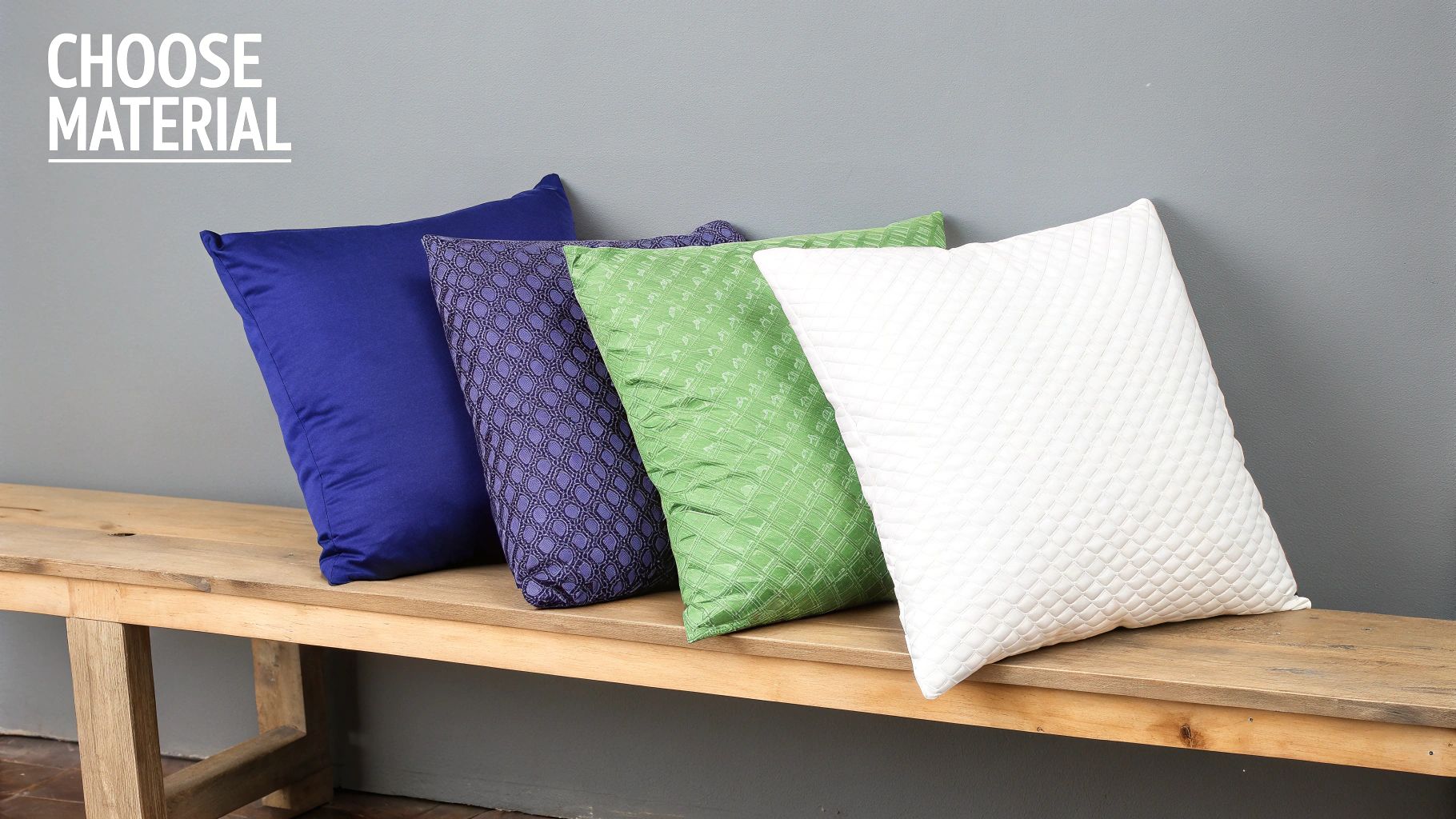Four colorful decorative pillows showcasing different materials and patterns arranged on a wooden bench.