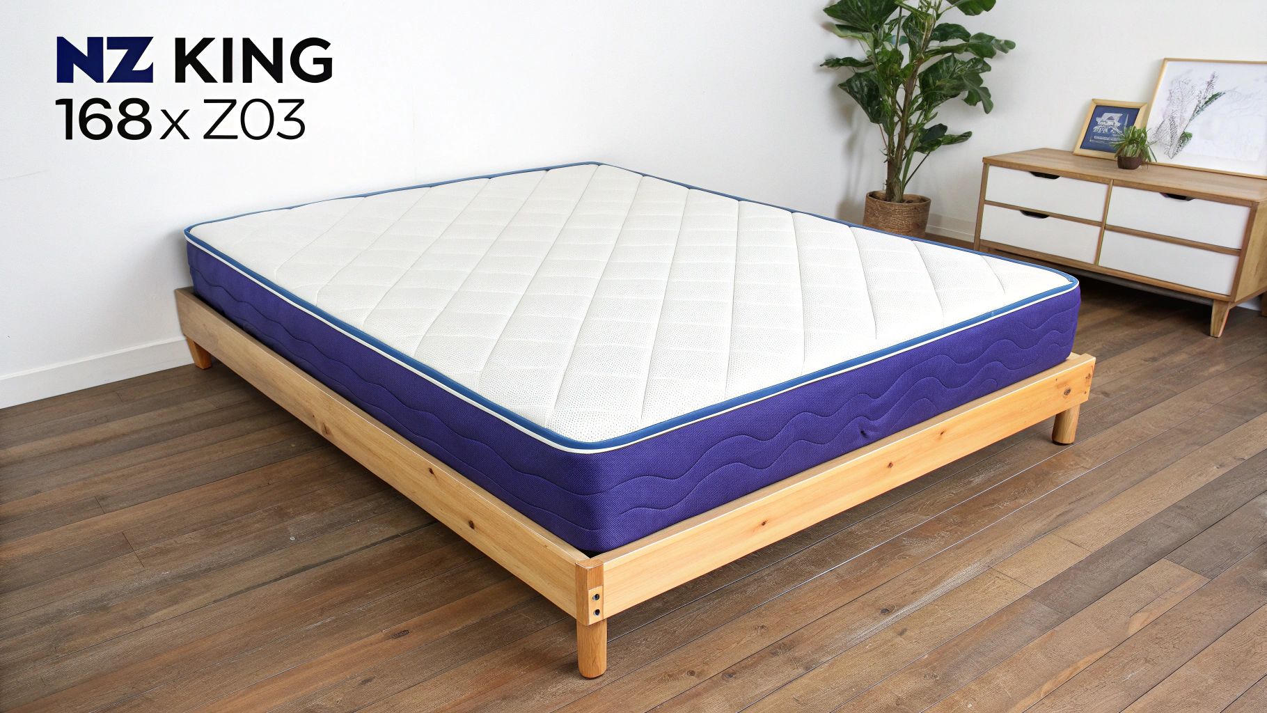 A modern king size bed with a light wooden frame and a white and blue mattress.