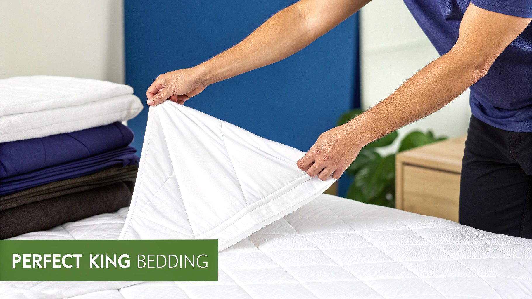 A person fits a white quilted mattress protector onto a bed, with folded bedding stacked nearby.
