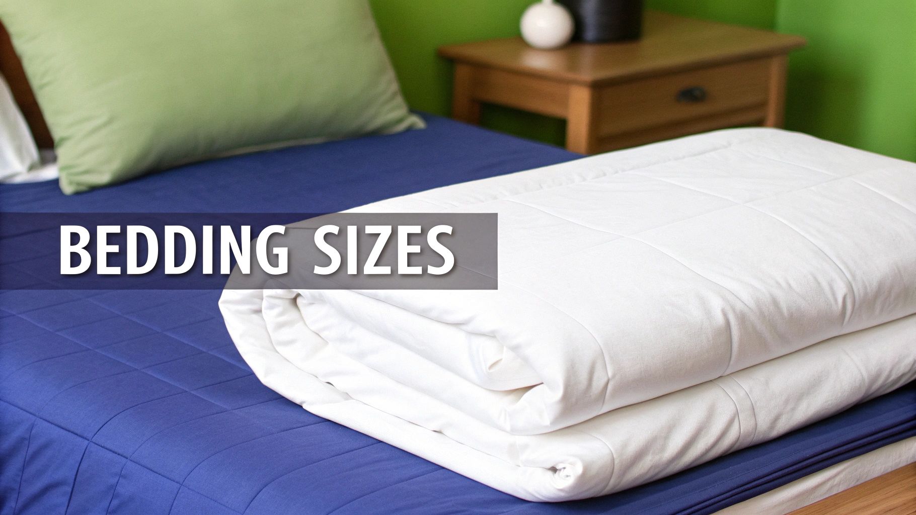 A bed with blue bedding, a green pillow, and a folded white comforter, with text 'BEDDING SIZES'.