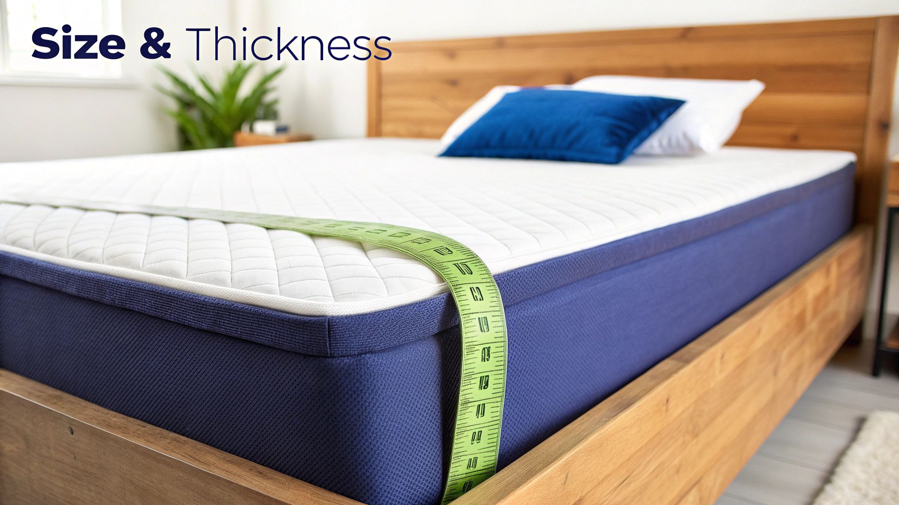 A white and blue mattress with a green measuring tape highlighting its thickness on a wooden bed frame.