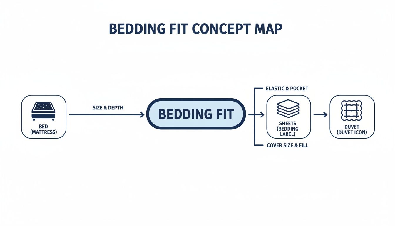 A concept map illustrating bedding fit, showing how mattress size and depth impact sheet and duvet choices.