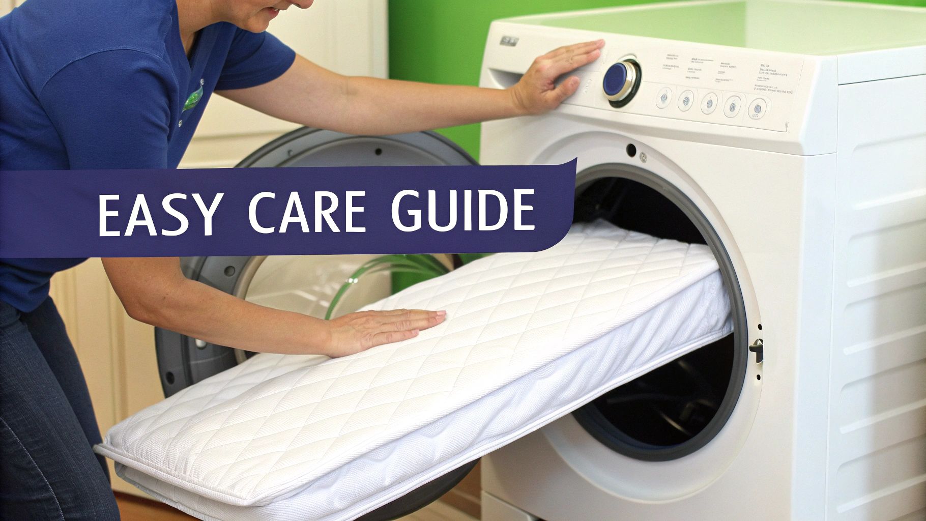 A person loading a white quilted mattress protector into a front-loading washing machine, highlighting easy care.