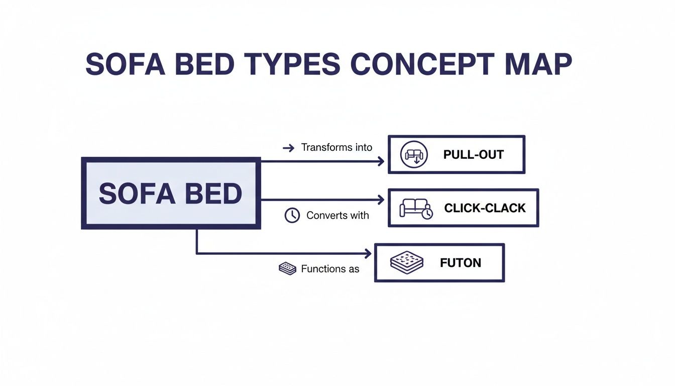 Concept map illustrating different sofa bed types: Pull-out, Click-clack, and Futon.