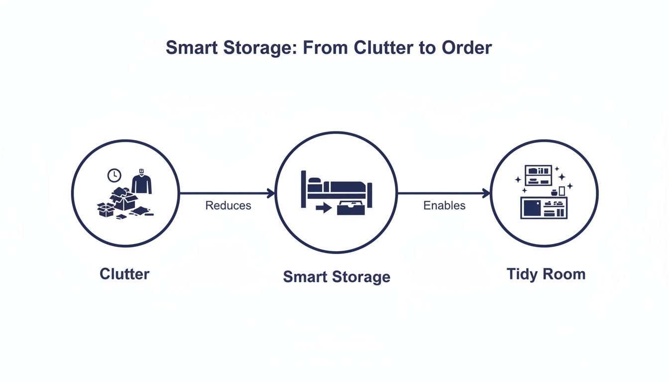 Flowchart illustrating smart storage reducing clutter and enabling a tidy room, with descriptive icons.
