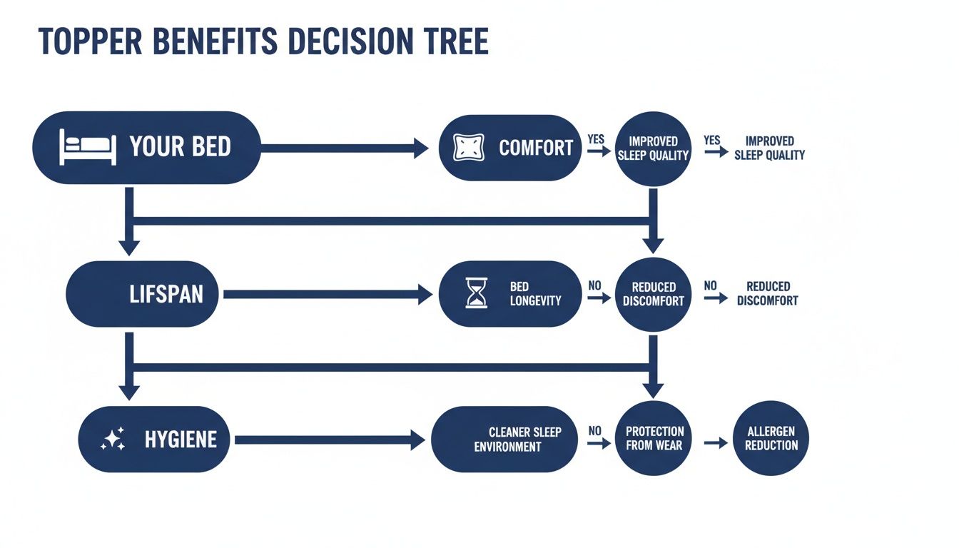 A decision tree flowchart illustrating mattress topper benefits related to comfort, lifespan, and hygiene.