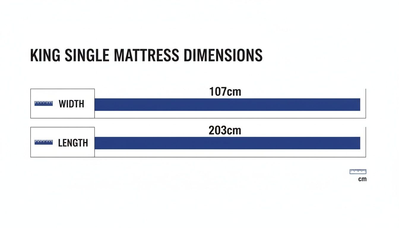 Diagram showing King Single mattress dimensions: 107cm width and 203cm length, in centimeters.