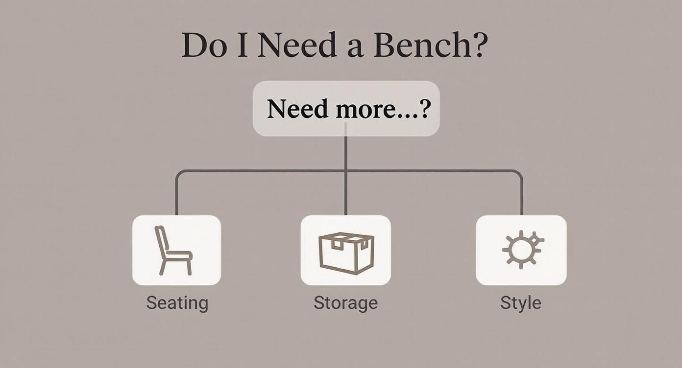 Infographic decision tree asking 'Need more...?' with branches for Seating, Storage, and Style.
