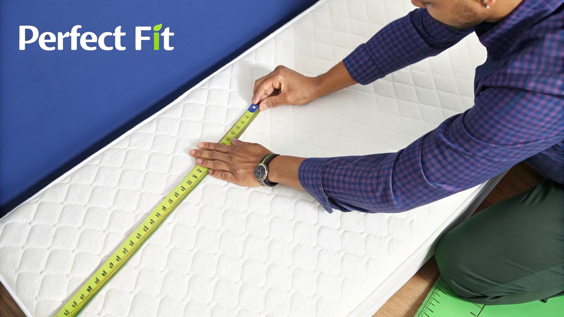 A person using a measuring tape to measure the depth of a super king mattress.