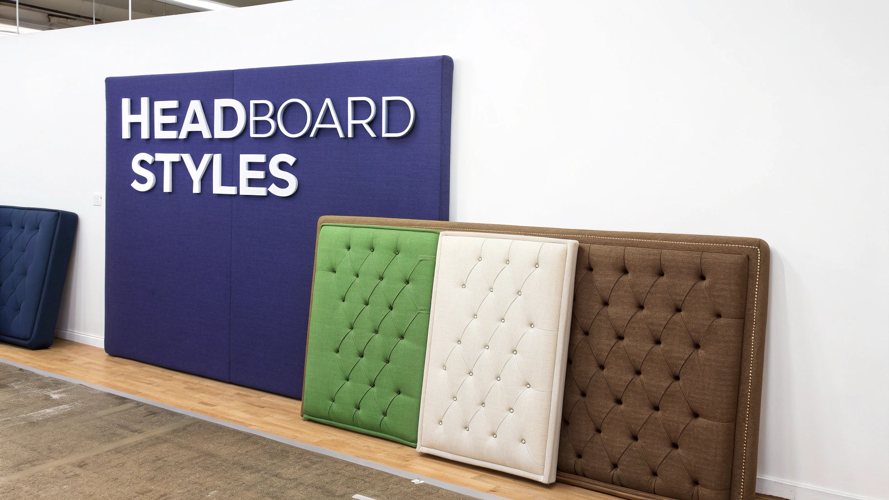 A showroom display features multiple tufted headboard styles in green, beige, and brown colors.