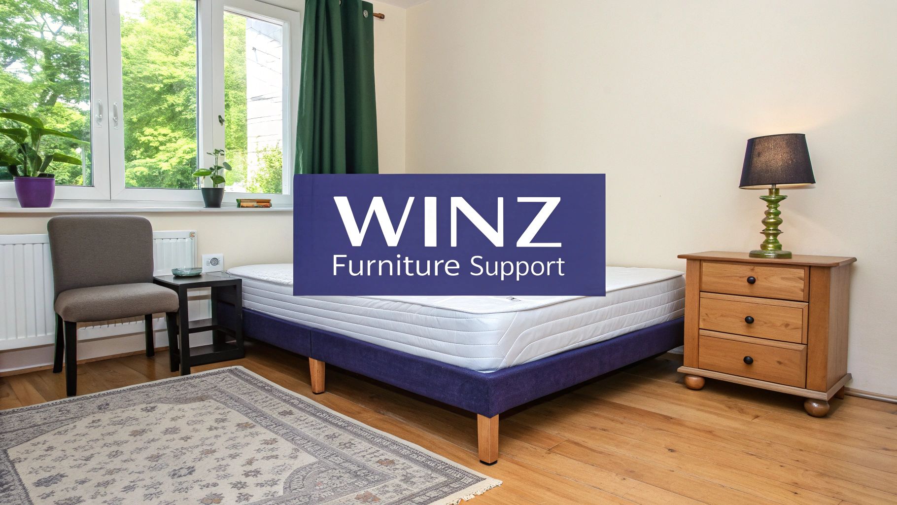 WINZ Furniture Support branded bedroom display featuring blue upholstered bed frame and modern furnishings