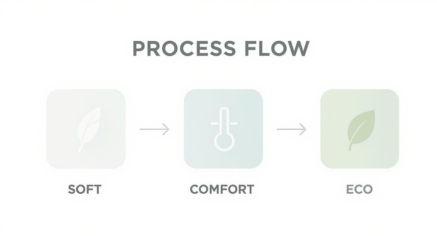 Process flow diagram showing three stages: soft, comfort, and eco with leaf icon representing bamboo sheets