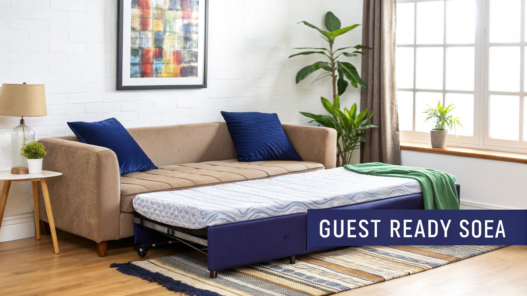 A beige sofa converts into a guest-ready bed with a mattress and green throw in a modern living room.