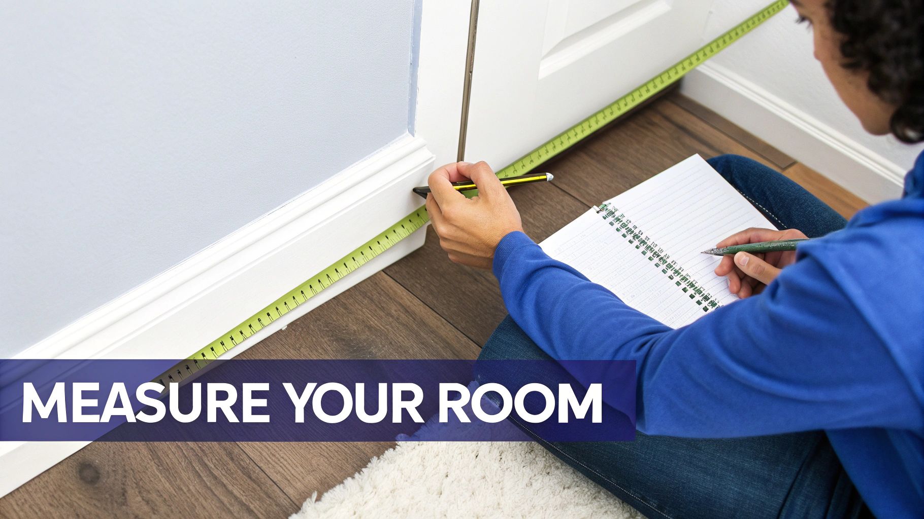 A person in a blue top measures a room's wall with a tape measure, taking notes in a notebook.
