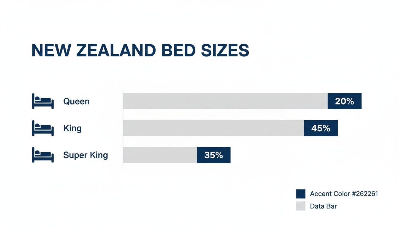 Bar chart illustrating New Zealand bed sizes: Queen 20%, King 45%, Super King 35%.