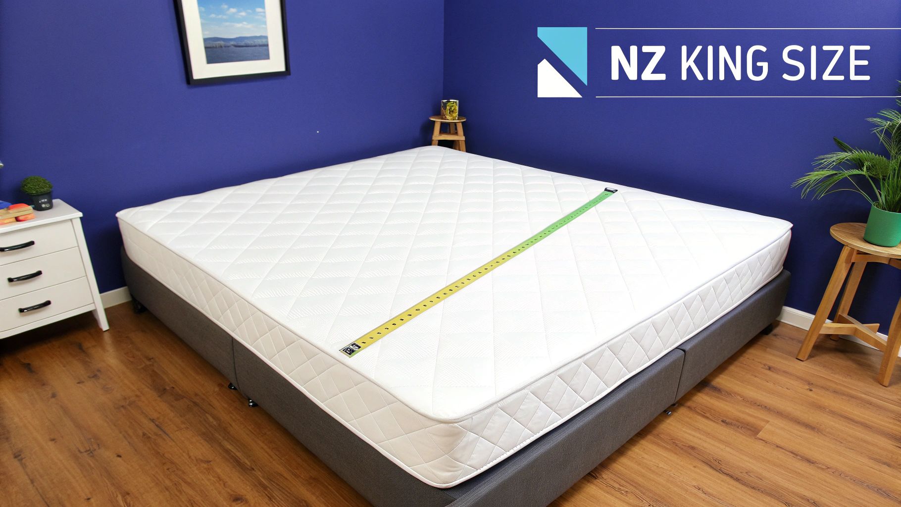 White mattress on a dark grey bed base in a blue room, with a measuring tape showing its length.