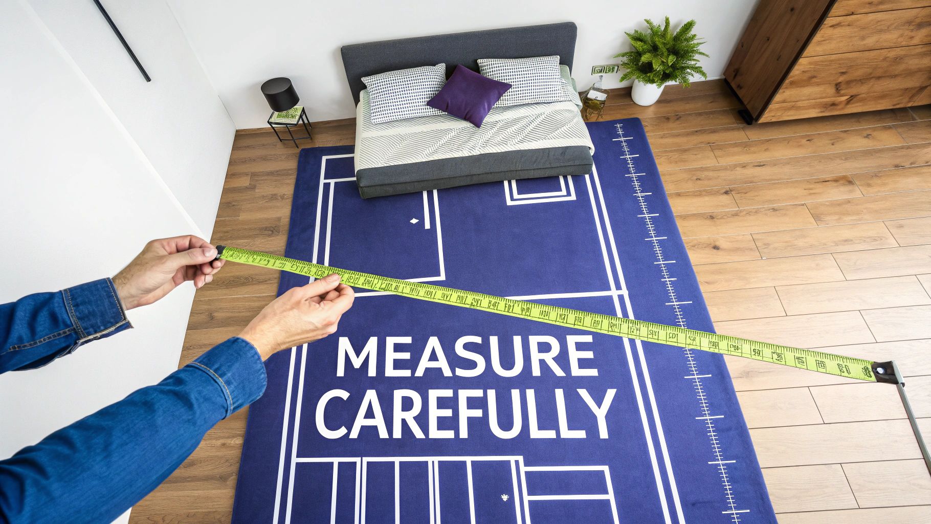 Hands measuring a blueprint rug in a bedroom, with a bed and furniture, emphasizing careful measurement.