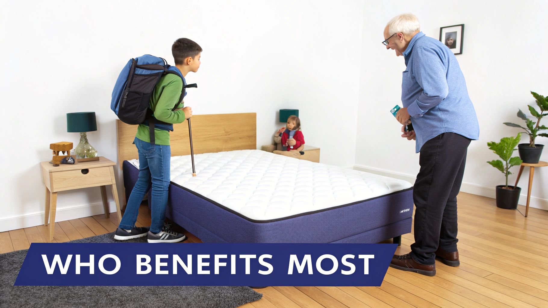 Three generations: a boy with a stick, a baby, and an elderly man, near a single bed.