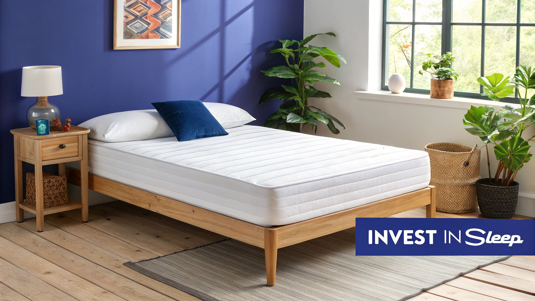 A cozy bedroom featuring a wooden bed frame with a white mattress, a blue pillow, and a matching nightstand. Green plants and a large window create a serene atmosphere.