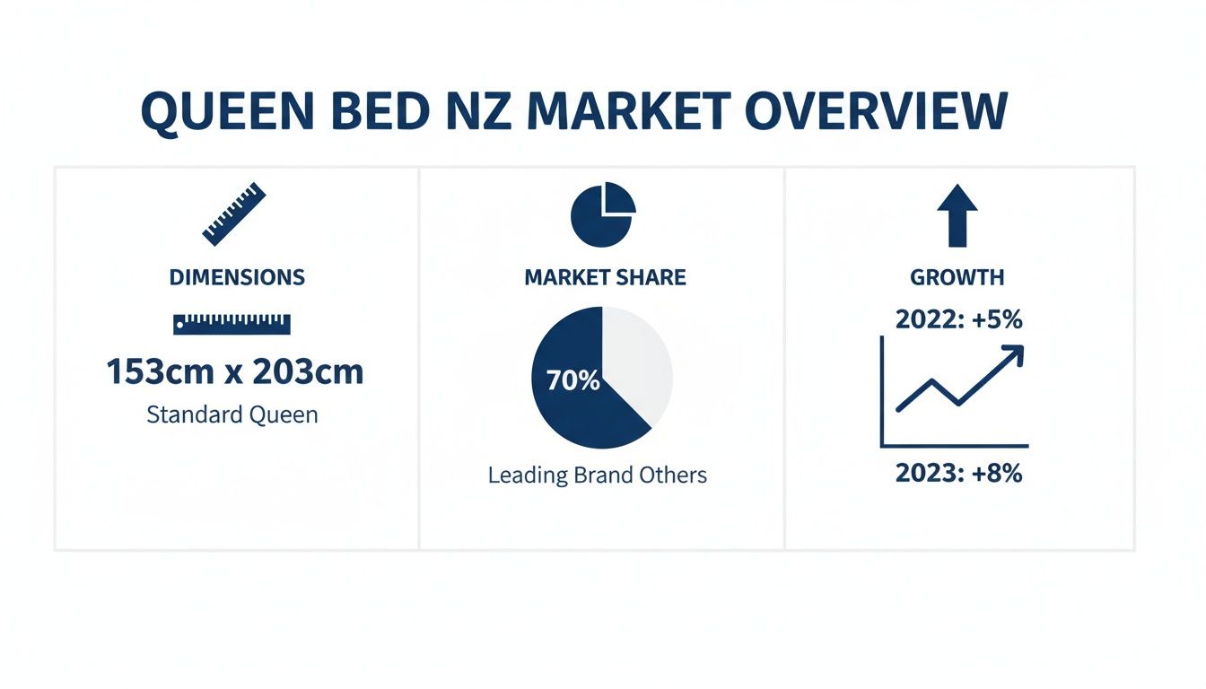Queen Bed NZ market overview with dimensions, market share, and growth rates.