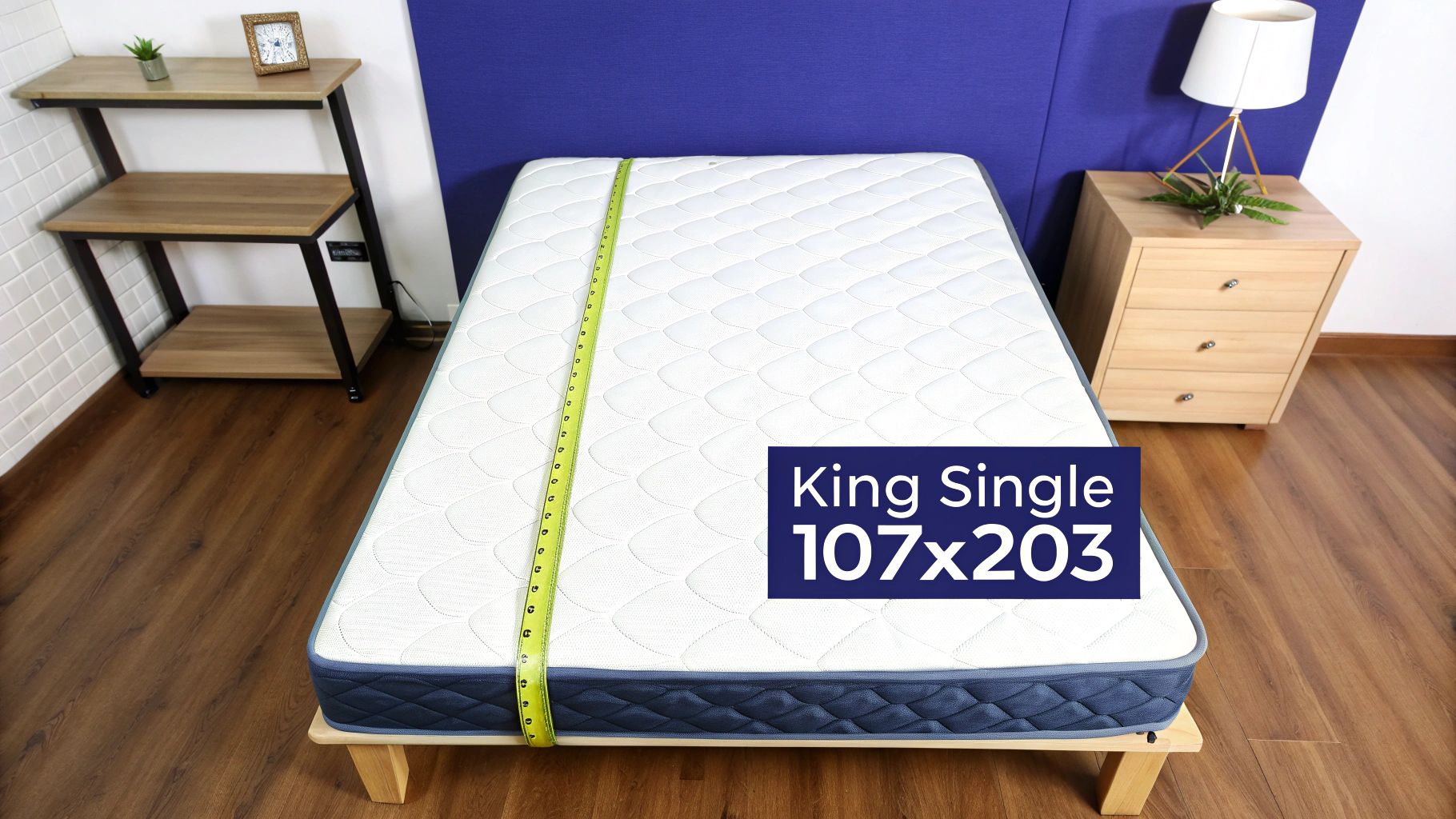 A King Single mattress on a wooden bed frame with a measuring tape showing its 107x203 dimensions.