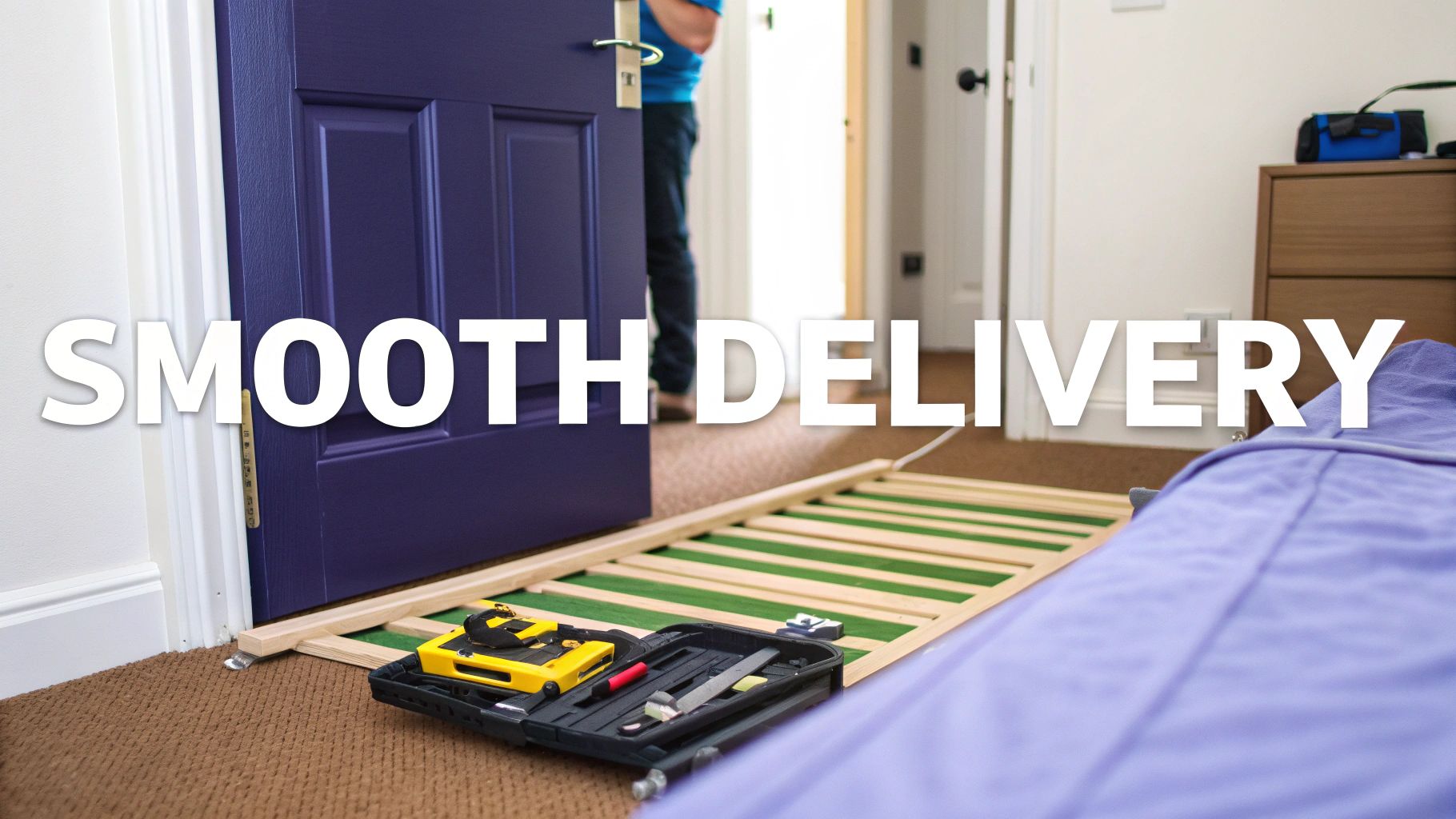 A person is shown in a doorway, delivering or assembling a wooden bed frame, with tools ready on the floor.