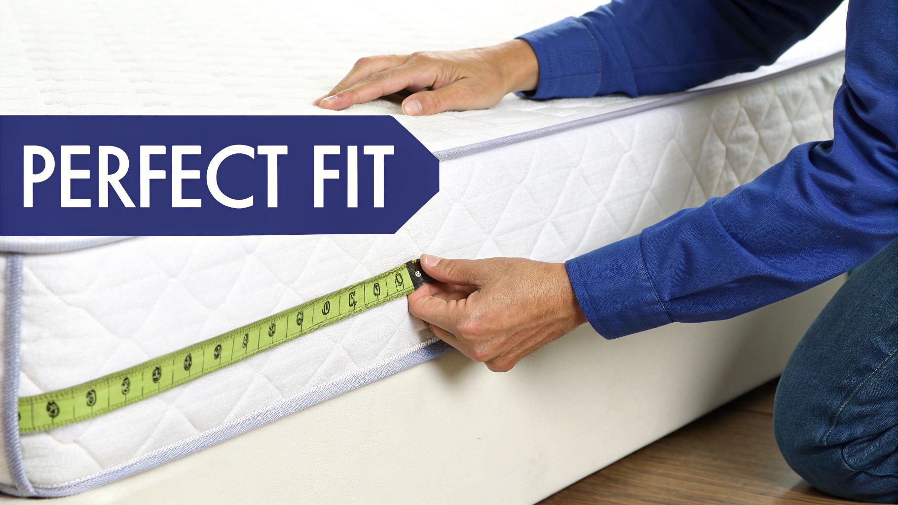 A person measuring the depth of their mattress with a measuring tape.