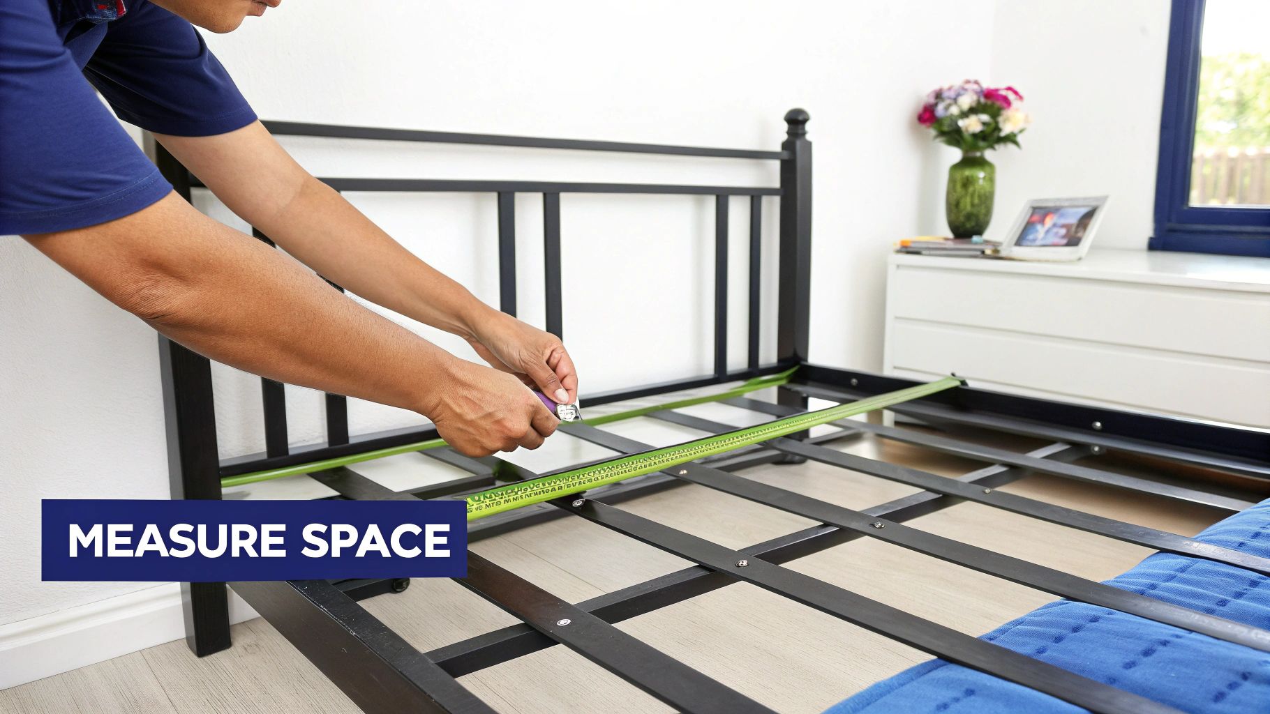 A person using a tape measure on a mattress in a bedroom setting.