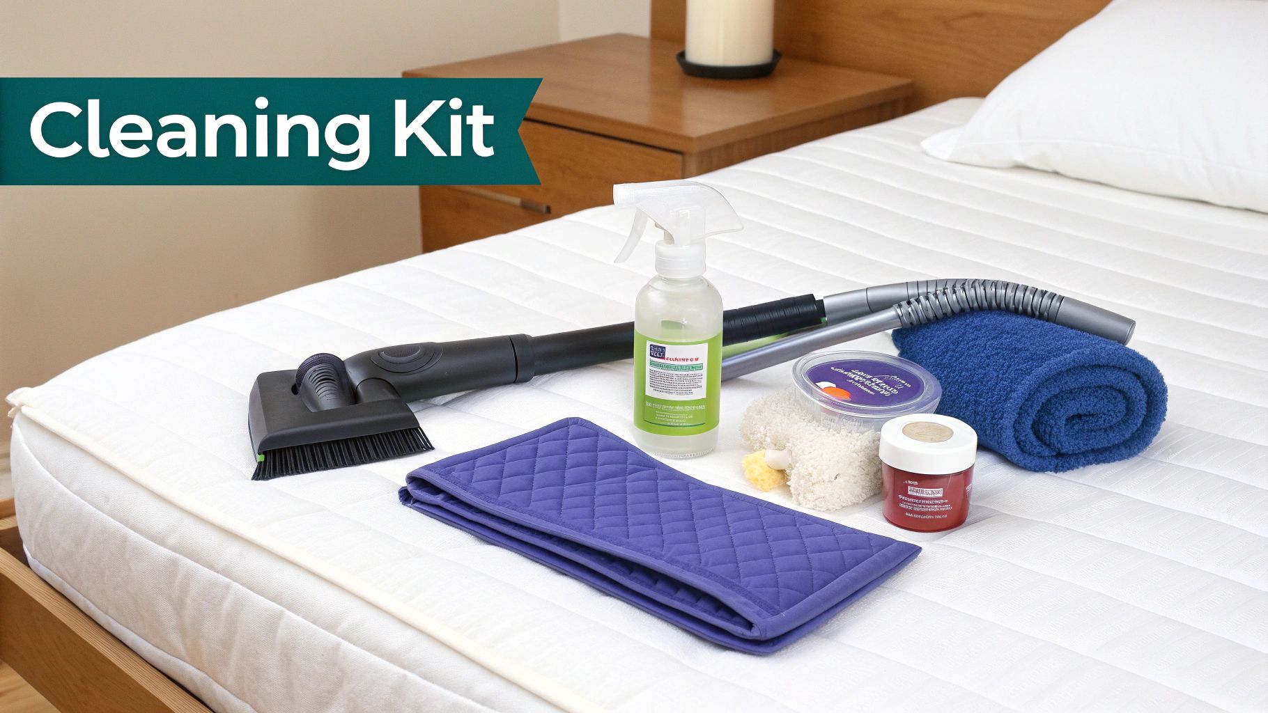 A complete cleaning kit laid out on a white mattress, featuring tools and solutions.