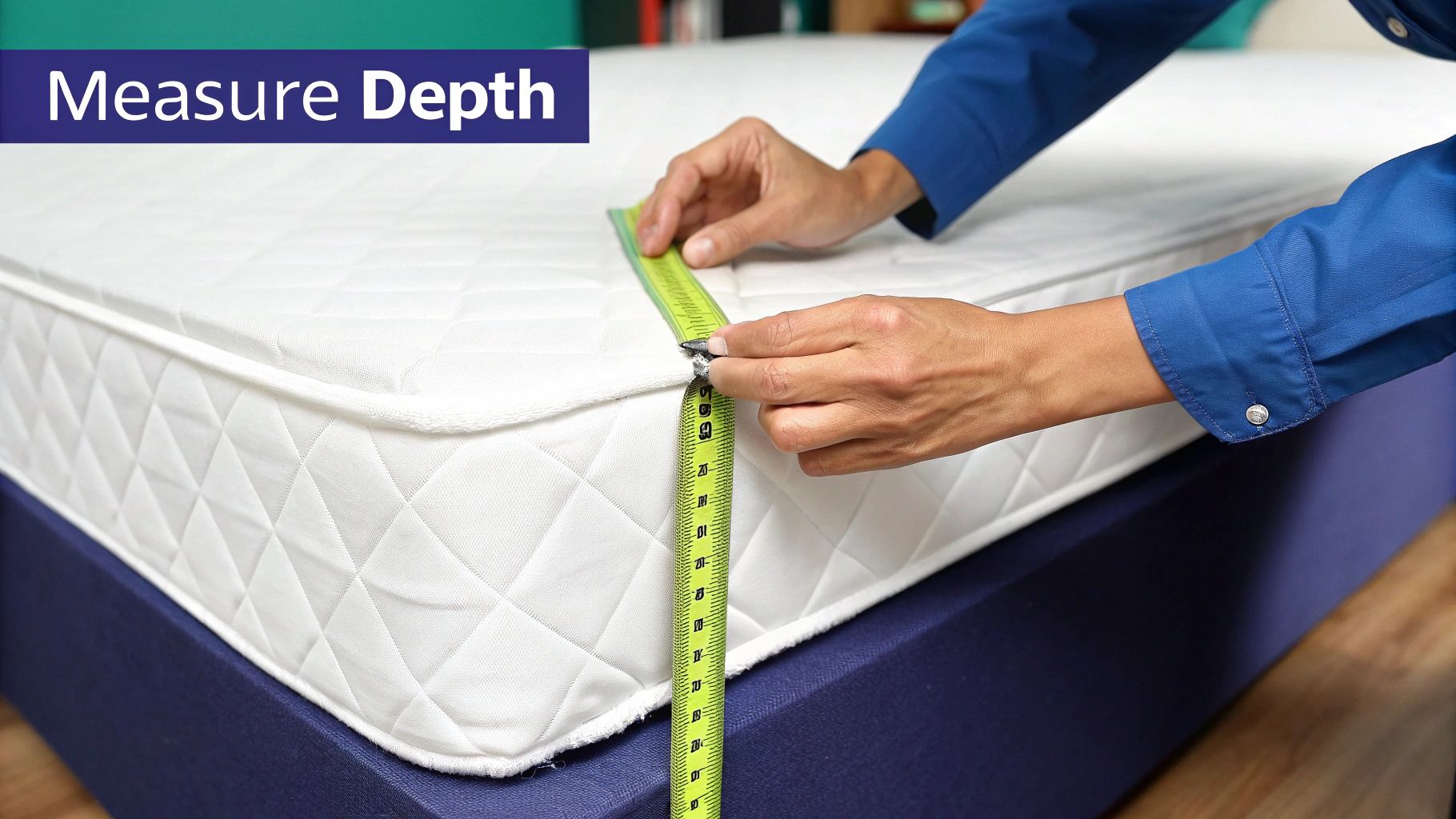 Hands measure the depth of a white quilted mattress with a yellow tape measure, demonstrating mattress measurement.
