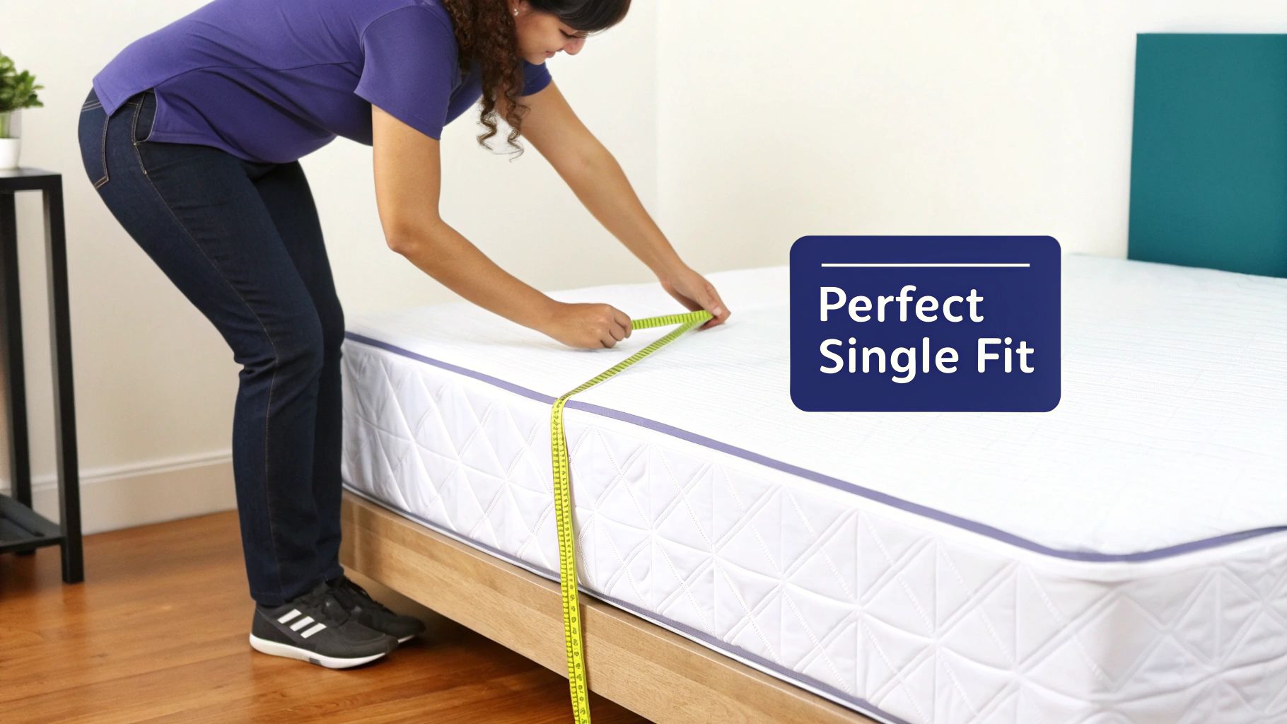 A woman measures a white quilted mattress with a yellow tape measure, ensuring a perfect single fit.