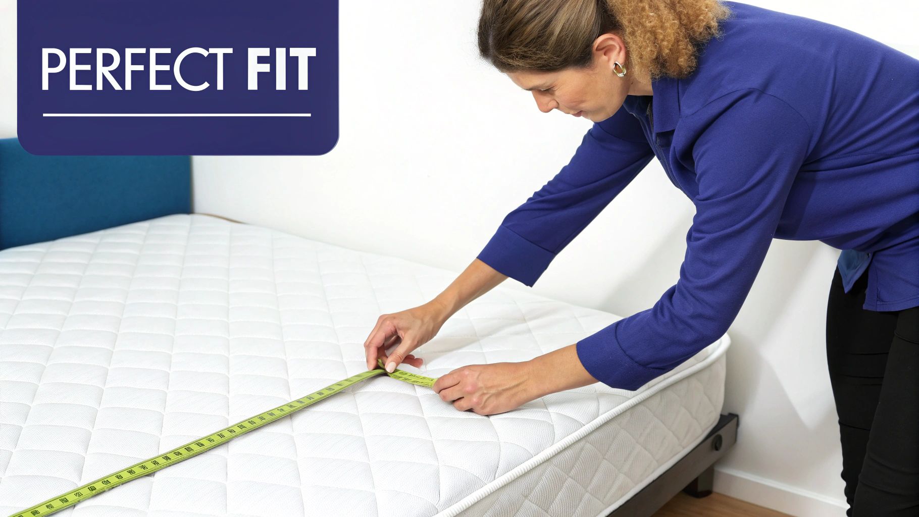 A person measures a white mattress with a green tape measure, ensuring a perfect fit.