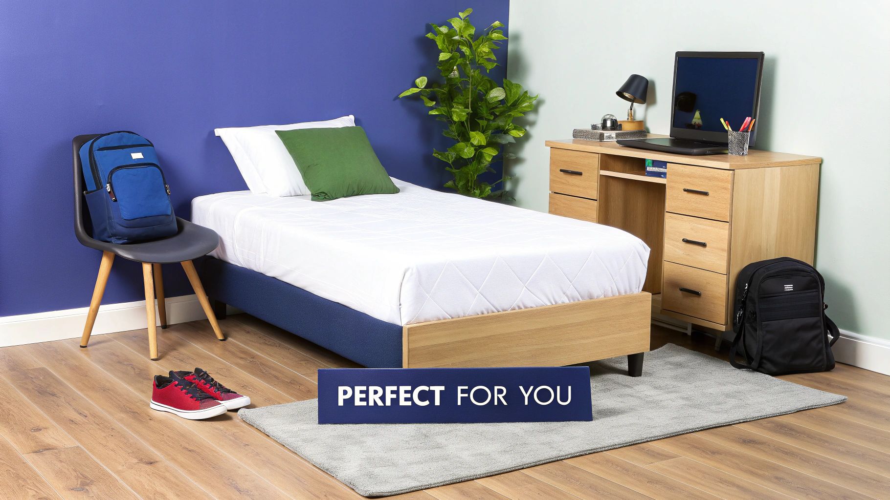 A modern student's bedroom with a single bed, wooden desk, and two school backpacks.