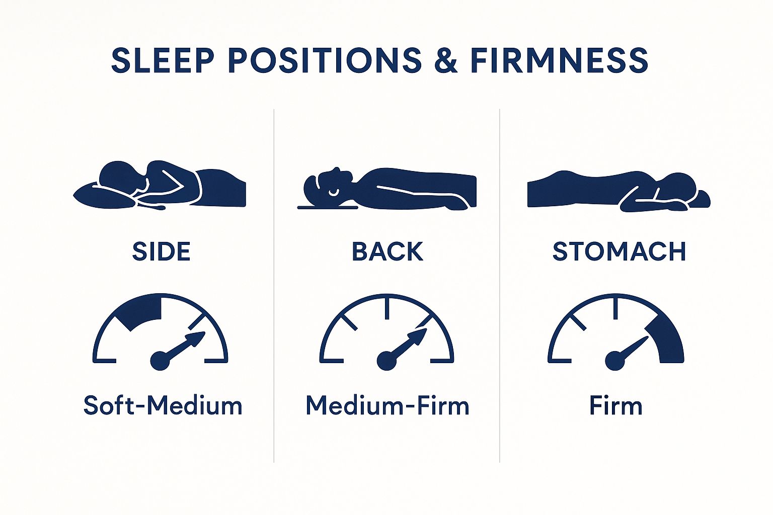 Infographic showing the best mattress firmness for side, back, and stomach sleepers.
