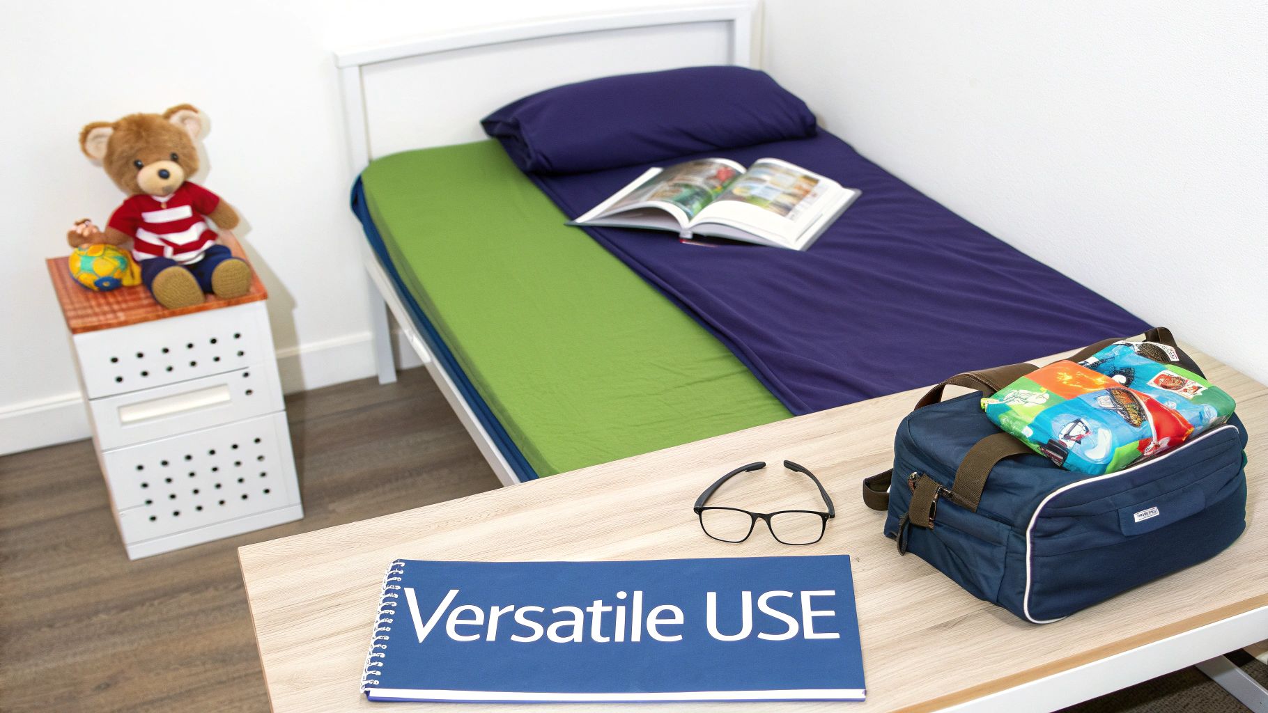 A neatly organized room featuring a single bed, bedside table, desk, and personal items.