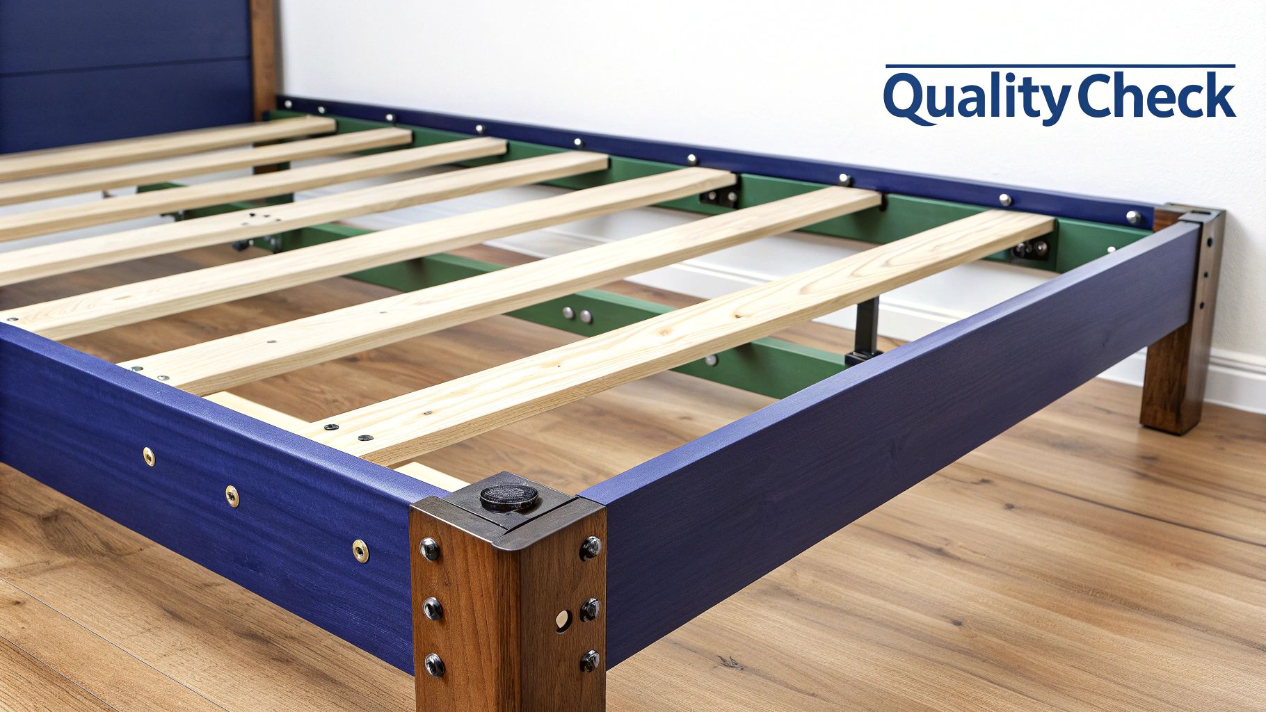 A partially assembled wooden bed frame with blue rails, green supports, and natural wood slats on a wooden floor.